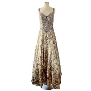 SAVOY Gold Dress Jacquard Beaded Sequins Ball Gown Strapless Princess Medium NWT